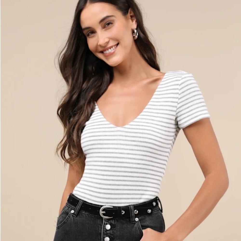 Lulus Sweetest Look White and Grey Rib Striped Short Sleeve Bodysuit Small